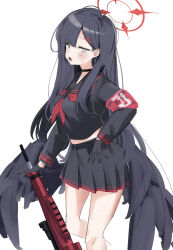 1girl absurdres armband black_choker black_gloves black_hair black_skirt blue_archive blush choker gloves grey_eyes gun halo highres holding holding_gun holding_weapon ichika_(blue_archive) long_hair long_sleeves looking_at_viewer midriff neckerchief ocha_(popopogg) open_mouth red_armband red_halo red_neckerchief simple_background skirt solo standing weapon white_background