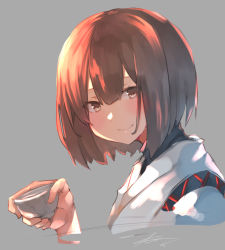 Rule 34 | 1girl, brown eyes, brown hair, choko (cup), cup, grey background, hyuuga (kancolle), japanese clothes, kantai collection, looking at viewer, short hair, simple background, smile, solo, sunday aki, undershirt, upper body