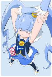 Rule 34 | 1girl, arms up, blue hair, blue skirt, blue thighhighs, blush stickers, brooch, closed eyes, collarbone, crown, cure princess, from above, fuchi (nightmare), happinesscharge precure!, heart, heart brooch, highres, long hair, magical girl, mini crown, precure, shirayuki hime, shirt, shoes, skirt, sleeveless, sleeveless shirt, solo, stretching, thick eyebrows, thighhighs, twintails, white footwear
