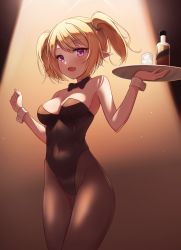 Rule 34 | 1girl, absurdres, bare shoulders, black leotard, black pantyhose, blonde hair, bow, bowtie, breasts, chloe (princess connect!), covered navel, cowboy shot, drill hair, elf, fang, highleg, highleg leotard, highres, holding, leotard, long hair, medium breasts, okey, pantyhose, playboy bunny, pointy ears, princess connect!, purple eyes, rabbit tail, skin fang, solo, spotlight, strapless, strapless leotard, tail, tray, twin drills, twintails, wrist cuffs