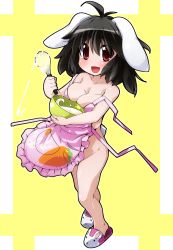 Rule 34 | 1girl, animal ears, apron, black hair, bowl, breast press, breasts, cleavage, cooking, female focus, food, groin, huge breasts, inaba tewi, large breasts, legs, naked apron, no nose, open mouth, rabbit ears, rabbit girl, rabbit tail, red eyes, semahiro, short hair, slippers, solo, standing, tail, touhou, wardrobe malfunction