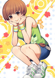 Rule 34 | 1girl, :p, blue shorts, blush, breasts, brown eyes, brown hair, commentary, english commentary, full body, green tank top, hands up, highres, kuki tan, looking at viewer, medium breasts, official alternate costume, patterned background, persona, persona 4, satonaka chie, shadow, shoes, short hair, shorts, sneakers, solo, squatting, tank top, thighs, tongue, tongue out, wristband