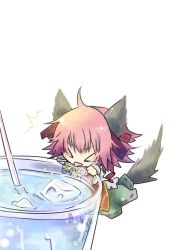 Rule 34 | &gt; &lt;, 1girl, animal ears, aya-0w0, bad id, bad pixiv id, bandages, bow, cat ears, cat girl, cat tail, chinese clothes, closed eyes, cuffs, cup, drinking straw, female focus, flower, ibaraki kasen, ice, ice cube, kemonomimi mode, pink flower, pink hair, pink rose, rose, shackles, short hair, skirt, solo, tail, tongue, touhou