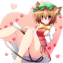 Rule 34 | 1girl, animal ears, between legs, blush, bow, brown hair, cat ears, cat girl, cat tail, chen, earrings, female focus, hat, heart, jewelry, multiple tails, osashin (osada), paw pose, paw print, red eyes, short hair, skirt, solo, tail, tail between legs, touhou