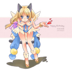 Rule 34 | 1girl, animal ears, artist name, bangle, bikini, blonde hair, blue bikini, blue bow, blue eyes, blush, bow, bracelet, breasts, brown footwear, cat ears, closed mouth, commentary request, dated, dated commentary, feathered wings, full body, happy birthday, heart, highres, jewelry, kawagoe pochi, large bow, leaning forward, long hair, looking at viewer, medium breasts, mismatched bikini, navel, ragnarok online, sandals, smile, solo, standing, swimsuit, wanderer (ragnarok online), white bikini, white wings, wings