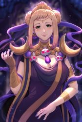 Rule 34 | 1girl, absurdres, arm strap, black dress, blonde hair, breasts, choker, circlet, cleavage, closed mouth, commentary, cosplay, crossover, dress, earrings, english commentary, evomanaphy, fire emblem, fire emblem heroes, gem, green eyes, hades (series), hades 1, hair ornament, henriette (fire emblem), highres, jewelry, lips, nintendo, nyx (hades), nyx (hades) (cosplay), sidelocks, skull, skull hair ornament, smile, solo, twitter username