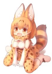 Rule 34 | 10s, 1girl, animal ear fluff, animal ears, bare shoulders, blonde hair, bow, bowtie, breasts, commentary request, elbow gloves, gloves, kemono friends, matsuu (akiomoi), medium breasts, medium hair, open mouth, orange eyes, serval (kemono friends), serval print, serval tail, shirt, skirt, solo, tail, tareme, thighhighs, white shirt, zettai ryouiki
