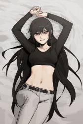 Rule 34 | 1girl, absurdres, arms up, belt, black belt, black hair, black shirt, bright pupils, feet out of frame, gogalking, grey pants, highres, long hair, long sleeves, midriff, navel, original, pants, parted lips, red eyes, shirt, solo, very long hair, white pupils