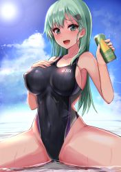 Rule 34 | 1girl, :d, aqua eyes, aqua hair, black one-piece swimsuit, blush, breasts, can, cleavage, collarbone, commentary request, competition swimsuit, covered erect nipples, covered navel, drink can, energy drink, hair ornament, hairclip, hand on own chest, highres, kantai collection, kihou no gotoku dmc, large breasts, long hair, looking at viewer, one-piece swimsuit, open mouth, outdoors, partially submerged, sideboob, sitting, smile, soda can, solo, spread legs, suzuya (kancolle), swimsuit