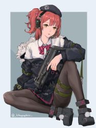 Rule 34 | 1girl, absurdres, beret, black footwear, black hat, black jacket, black pantyhose, black skirt, bow, bowtie, candy, food, fur-trimmed jacket, fur trim, girls&#039; frontline, gun, h&amp;k mp7, hair bobbles, hair ornament, hat, headphones, highres, holding, holding gun, holding weapon, jacket, lithographica, lollipop, long sleeves, machine pistol, mouth hold, mp7 (girls&#039; frontline), nail polish, off shoulder, one side up, pantyhose, personal defense weapon, pink bow, pink bowtie, pink nails, pleated skirt, red hair, shirt, simple background, sitting, skirt, solo, submachine gun, thigh strap, two-tone background, weapon, white shirt, yellow eyes