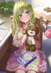 Rule 34 | 1girl, bad id, bad pixiv id, blonde hair, blush, book, book on lap, chair, closed mouth, coffee table, desk, dress, green eyes, holding, holding stuffed toy, indoors, legs together, light smile, long hair, looking at viewer, original, pink dress, plant, potted plant, sitting, smile, solo, stuffed animal, stuffed toy, table, teddy bear, yoropa