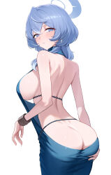 Rule 34 | 1girl, absurdres, ako (blue archive), ako (dress) (blue archive), aoi riko, ass, backless dress, backless outfit, blue archive, blue eyes, blue hair, blue halo, blush, breasts, butt crack, cowboy shot, cuffs, dress, earrings, hair between eyes, halo, handcuffs, highres, jewelry, large breasts, long hair, looking at viewer, official alternate costume, open mouth, sideboob, simple background, sleeveless, sleeveless dress, solo, white background