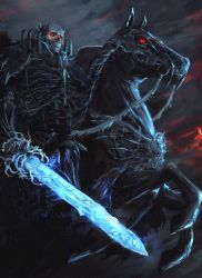 Rule 34 | 1boy, 2021, absurdres, armor, artist name, berserk, cape, commentary, dated, english commentary, glowing, glowing eyes, glowing weapon, helmet, highres, horse, horseback riding, male focus, plate armor, red eyes, riding, shield, shimhaq, skeleton, skull knight (berserk), solo, sword, sword of resonance, weapon