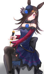 Rule 34 | 1girl, animal ears, bare shoulders, black thighhighs, blue dress, blue flower, blue hat, blue rose, brown hair, commentary request, dagger, dress, feet out of frame, flower, fur collar, hair over one eye, hat, hat flower, highres, holding, holding dagger, holding knife, holding weapon, horse ears, knife, long hair, looking at viewer, mini hat, off-shoulder dress, off shoulder, pink eyes, reiku09, rice shower (umamusume), rose, short sleeves, simple background, sitting, solo, thighhighs, umamusume, weapon, white background