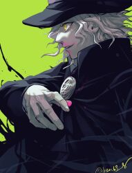 Rule 34 | 1boy, bantian96, black cloak, black hat, blood, blood on face, cloak, cross-shaped pupils, edmond dantes (fate), fate/grand order, fate (series), fingernails, from side, green background, hat, male focus, nosebleed, pale skin, pink blood, short hair, signature, simple background, solo, symbol-shaped pupils, wavy hair, white hair, wiping blood, wiping nose, yellow eyes