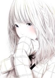 Rule 34 | 1girl, blush, braid, covering face, covering own mouth, covering privates, face, grey eyes, hands in opposite sleeves, monochrome, original, simple background, single braid, sousou (sousouworks), spot color, sweater
