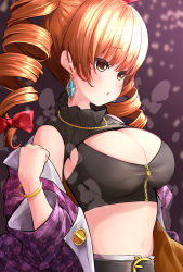 Rule 34 | 1girl, absurdres, amazaki ria, breasts, chest jewel, cleavage, drill hair, earrings, highres, jewelry, large breasts, light brown hair, necklace, orange eyes, ribbon, solo, swept bangs, touhou, twin drills, yorigami jo&#039;on
