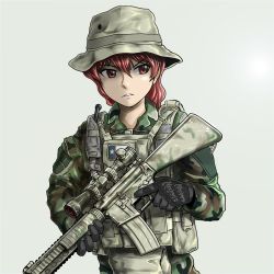 Rule 34 | 1girl, boonie hat, camouflage, geococcyx, gloves, gun, knife, load bearing vest, lone survivor, looking away, military, military operator, military uniform, mk12 spr, parted lips, rifle, scope, solo, texas flag, trigger discipline, uniform, united states, united states navy, weapon