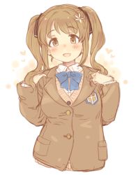 Rule 34 | 1girl, 7010, :d, blue bow, blue bowtie, blush, bow, bowtie, brown eyes, brown hair, cardigan, commentary request, cropped torso, flower, hair flower, hair ornament, heart, highres, idolmaster, idolmaster cinderella girls, looking at viewer, mimura kanako, open mouth, smile, solo, twintails, upper body