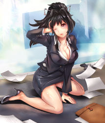 Rule 34 | 1girl, breasts, brown eyes, business suit, cleavage, formal, gun, hair ornament, hand on own head, high heels, large breasts, legs, office lady, open mouth, original, paper, pencil skirt, ponytail, popped collar, shoes, sitting, skirt, skirt suit, solo, suit, suoni (deeperocean), sweatdrop, wariza, weapon, wince