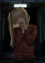 Rule 34 | 1girl, absurdres, belt, black belt, black nails, black pants, blonde hair, blue eyes, blush, closed mouth, covering own mouth, fingernails, gishiki (gshk), head tilt, highres, long sleeves, looking at viewer, nail polish, original, pants, red shirt, shirt, solo, striped clothes, striped shirt, two side up