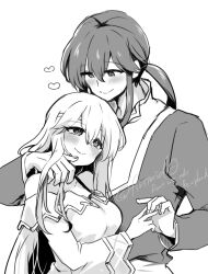 Rule 34 | 1boy, 1girl, blush, brother and sister, circlet, dress, fire emblem, fire emblem: genealogy of the holy war, hand on another&#039;s cheek, hand on another&#039;s face, hand on another&#039;s shoulder, julia (fire emblem), long hair, monochrome, nintendo, ponytail, seliph (fire emblem), siblings, simple background, wide sleeves, yukia (firstaid0)