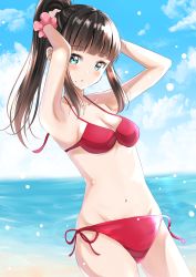 Rule 34 | 10s, 1girl, :o, absurdres, arms up, bare arms, bare shoulders, beach, bikini, black hair, blue sky, blunt bangs, breasts, cleavage, cloud, cloudy sky, collarbone, commentary request, day, green eyes, high ponytail, highres, horizon, kurosawa dia, long hair, love live!, love live! sunshine!!, medium breasts, mole, mole under mouth, navel, ocean, outdoors, parted lips, pink scrunchie, ponytail, red bikini, sand, scrunchie, side-tie bikini bottom, sidelocks, sin (sin52y), sky, solo, standing, summer, swimsuit, water, wrist scrunchie