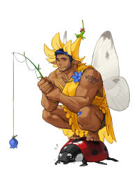 Rule 34 | 1boy, bandaid, bandaid on knee, bandaid on leg, black hair, blue flower, bug, butterfly wings, closed eyes, dark-skinned male, dark skin, flower, highres, insect, insect wings, ladybug, male focus, original, pointy ears, rinotuna, robe, short hair, simple background, smile, solo, toga, white background, wings, yellow flower, yellow robe