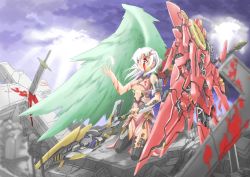 Rule 34 | 1girl, asymmetrical wings, blood, breasts, chicago-x, cross, feathers, green wings, heterochromia, highres, mecha musume, mechanical wings, original, red wings, solo, sword, torn clothes, weapon, wings