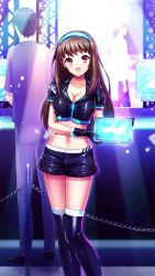Rule 34 | 1girl, :d, black footwear, black gloves, black jacket, black shorts, blue hairband, blush, boots, breasts, brown hair, cleavage, collarbone, crop top, doukyuusei another world, game cg, gloves, hairband, indoors, jacket, kakyuusei, long hair, looking at viewer, medium breasts, midriff, navel, official art, open mouth, red eyes, shiny skin, short shorts, short sleeves, shorts, smile, solo focus, standing, stomach, thigh boots, thighhighs, very long hair, yuuki mizuho