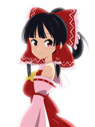 Rule 34 | 1girl, ascot, backlighting, bare shoulders, black hair, bow, breasts, cato (monocatienus), closed mouth, collar, collared dress, detached sleeves, dress, hair ornament, hair tubes, hakurei reimu, highres, long sleeves, looking to the side, medium breasts, pink eyes, ponytail, red bow, red dress, shadow, short hair, smile, solo, touhou, white collar, white sleeves, wide sleeves, yellow ascot