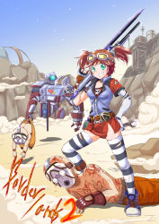 Rule 34 | 1girl, 2boys, alternate legwear, artificial limb, bandaid, bandaid on face, borderlands (series), borderlands 2, copyright name, deathtrap, gaige, gloves, goggles, green eyes, grin, marimon m, mask, mecha, multiple boys, prosthesis, psycho (borderlands), red hair, robot, shoes, smile, sneakers, tears, thighhighs, twintails, wrench
