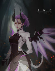 Rule 34 | 1girl, absurdres, armor, bodysuit, breasts, cowboy shot, dark persona, demon horns, eig, embers, emblem, english text, facial mark, faulds, forehead mark, grey background, hair between eyes, highres, horns, imp mercy, light smile, lips, lipstick, looking away, makeup, mechanical wings, mercy (overwatch), nose, official alternate costume, overwatch, overwatch 1, patch, ponytail, purple eyes, purple hair, purple wings, small breasts, solo, wings