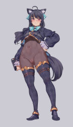 Rule 34 | 1girl, ahoge, alp, animal ears, aqua bow, aqua bowtie, blush, bow, bowtie, brooch, censored, closed mouth, covered navel, full body, grey background, hair ornament, hand on own hip, highres, holding, jewelry, long hair, long sleeves, mosaic censoring, original, purple thighhighs, red eyes, simple background, smile, solo, standing, tail, thighhighs, thighs