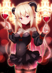 Rule 34 | 1girl, alcohol, black dress, black thighhighs, blonde hair, blush, bodysuit, breasts, chandelier, choker, closed mouth, commentary request, covered navel, cowboy shot, cup, curled horns, demon girl, demon horns, detached sleeves, dress, drinking glass, earrings, fishnet bodysuit, fishnets, frilled dress, frills, garter straps, glint, hands up, highres, holding, holding cup, horns, indie virtual youtuber, jewelry, juliet sleeves, layered dress, long sleeves, looking at viewer, medium breasts, original, pointy ears, puffy sleeves, red eyes, ruri manato, sidelocks, smile, solo, standing, star (symbol), star earrings, strapless, strapless dress, thighhighs, virtual youtuber, wine, wine glass