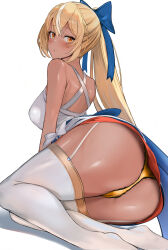 Rule 34 | 1girl, absurdres, ass, bare shoulders, blonde hair, blush, bow, breasts, dark-skinned female, dark elf, dark skin, dress, elf, high ponytail, highres, hololive, hoshara, large breasts, long hair, looking at viewer, multicolored hair, off-shoulder dress, off shoulder, panties, pointy ears, ponytail, shiranui flare, shiranui flare (1st costume), sidelocks, skirt, solo, streaked hair, thighhighs, underwear, virtual youtuber, white background, white hair, white thighhighs, yellow panties