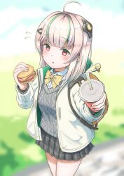 Rule 34 | 1girl, absurdres, admi (nikke), ahoge, bag, black skirt, bow, bowtie, breasts, burger, collared shirt, cup, disposable cup, drink, drinking straw, food, goddess of victory: nikke, green hair, grey sweater, hair ornament, hairclip, highres, jacket, light blush, long sleeves, medium hair, miniskirt, multicolored hair, open clothes, open jacket, pink eyes, pleated skirt, reaching, reaching towards viewer, school bag, school uniform, seisel, shirt, skirt, sleeves past wrists, small breasts, solo, standing, streaked hair, sweater, thighs, white hair, white jacket, white shirt, yellow bow, yellow bowtie