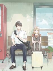 Rule 34 | 1boy, 1girl, bag, bench, black bag, black eyes, black footwear, black hair, black pants, blonde hair, blue eyes, brown dress, brown footwear, brown overalls, can, closed mouth, collared shirt, day, dress, drink can, frilled dress, frills, furusato kou, hair over shoulder, hand on own chest, highres, holding, holding strap, holding suitcase, legs apart, long hair, looking away, looking to the side, on bench, open collar, original, overalls, pants, pinafore dress, plant, poster (object), potted plant, red dress, rolling suitcase, shadow, shirt, shoes, short hair, short sleeves, shoulder bag, sitting, sleeveless, sleeveless dress, soda can, suitcase, swept bangs, tile floor, tiles, vending machine, waiting, white bag, white shirt, window, wooden bench