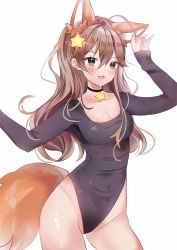 Rule 34 | 1girl, ahoge, animal ears, annytf, anyuu, black choker, breasts, brown background, brown hair, choker, commentary, covered navel, english commentary, extra ears, fox ears, fox girl, fox tail, hair between eyes, hair ornament, highres, indie virtual youtuber, leotard, long hair, looking at viewer, medium breasts, open mouth, simple background, solo, star (symbol), star hair ornament, tail, virtual youtuber