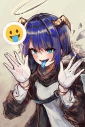 Rule 34 | 1girl, aqua eyes, arknights, black jacket, blue hair, blue tongue, blush, breasts, colored tongue, cowboy shot, demon horns, emoji, fur-trimmed jacket, fur trim, gloves, grey background, greypidjun, hair between eyes, halo, horns, jacket, long hair, long sleeves, looking at viewer, medium breasts, mostima (arknights), open mouth, shirt, simple background, smiley face, solo, spoken expression, straight hair, tongue, tongue out, turtleneck, white gloves, white shirt