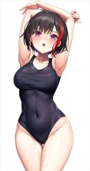 Rule 34 | 1girl, :o, armpits, arms up, bang dream!, black one-piece swimsuit, breasts, collarbone, covered navel, highleg, highleg swimsuit, lambda (kusowarota), large breasts, looking at viewer, mitake ran, multicolored hair, one-piece swimsuit, purple eyes, red hair, short hair, simple background, solo, streaked hair, swimsuit, thighs, wet, white background