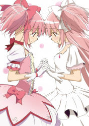 Rule 34 | 10s, 2girls, choker, dress, dual persona, face-to-face, gem, gloves, hair ribbon, holding hands, interlocked fingers, kaname madoka, magical girl, mahou shoujo madoka magica, mahou shoujo madoka magica (anime), multiple girls, official art, pink eyes, pink hair, ribbon, short twintails, skirt, smile, third-party edit, twintails, two side up, ultimate madoka, white dress, yellow eyes