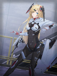 Rule 34 | 1girl, black bodysuit, blonde hair, blue eyes, blush, bodysuit, breasts, closed mouth, feet out of frame, flatbox, girls&#039; frontline, gloves, hair ornament, hairclip, heterochromia, highres, lips, long hair, long sleeves, looking at viewer, mechanical ears, mg36 (black dragon towering over s09) (girls&#039; frontline), mg36 (blue dragon stands above sector 09) (girls&#039; frontline), mg36 (girls&#039; frontline), official alternate costume, solo, standing, white gloves, yellow eyes