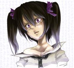 Rule 34 | 1girl, bad id, bad pixiv id, black hair, crying, crying with eyes open, empty eyes, female focus, harusame (unmei no ikasumi), hata-tan (rui (hershe)), himekaidou hatate, necktie, open clothes, open shirt, portrait, purple eyes, shirt, smile, solo, tears, touhou, twintails, upper body, wall of text, yandere