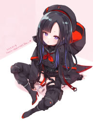 Rule 34 | 1girl, :/, asymmetrical bangs, beret, black gloves, black hair, black hat, black jacket, black leotard, black serafuku, closed mouth, collared leotard, colored inner hair, dated, eunhwa (nikke), fingerless gloves, forehead, fummy, gloves, goddess of victory: nikke, happy valentine, hat, heart, highres, holding, hood, hood down, hooded jacket, jacket, leotard, light blush, long hair, mole, mole under mouth, multicolored hair, neckerchief, purple eyes, purple hair, red jacket, red neckerchief, school uniform, serafuku, sitting, solo, two-sided fabric, two-sided jacket