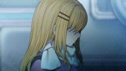 Rule 34 | 1girl, artist request, blonde hair, blurry, blurry background, breasts, chrono ark, collared shirt, crying, expressionless, fighting stance, from side, hair ornament, headshot, highres, jacket, jewelry, long hair, looking at viewer, lucy (chrono ark), necklace, non-web source, official art, pendant, scarf, shaded face, shirt, small breasts, sprite, standing, streaming tears, sword, tears, weapon