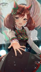 Rule 34 | 1girl, absurdres, animal ears, bow, bowtie, brown dress, brown eyes, brown hair, commentary request, dress, dutch angle, ear bow, ear covers, ear ribbon, green bow, highres, horse ears, horse girl, horse tail, looking at viewer, mochiko (uyu omochi), multicolored hair, nice nature (umamusume), open mouth, reaching, reaching towards viewer, solo, sparkle, stage, streaked hair, sweat, tail, tears, twintails, umamusume
