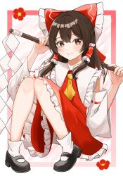 Rule 34 | 1girl, absurdres, brown eyes, brown hair, detached sleeves, flower, gohei, hakurei reimu, highres, holding, holding gohei, jacket, looking at viewer, miko day, nontraditional miko, red flower, red jacket, red skirt, skirt, smile, solo, temmie (temi maru), touhou, white background, white sleeves