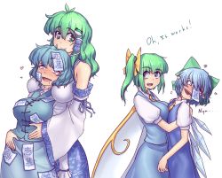 Rule 34 | 4girls, :d, antenna hair, bare shoulders, between breasts, blue eyes, blue hair, blush, bow, breasts, cirno, color connection, daiyousei, detached sleeves, drooling, english text, fairy wings, fangs, flat chest, frog hair ornament, green eyes, green hair, hair bow, hair color connection, hair ornament, hair tubes, hater (hatater), head between breasts, heart, heart-shaped pupils, heterochromia, highres, hug, ice, ice wings, japanese clothes, kochiya sanae, large breasts, long hair, lovestruck, miko, mind control, multiple girls, nontraditional miko, ofuda, ofuda on clothes, ofuda on head, open mouth, pointy ears, purple eyes, red eyes, rolling eyes, short hair, side ponytail, simple background, smile, symbol-shaped pupils, tatara kogasa, tears, torogao, touhou, uvula, wavy hair, white background, wings, yuri