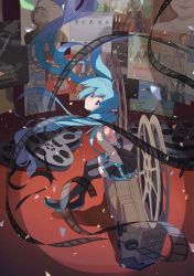 Rule 34 | 1girl, 2001 a space odyssey, :o, annotation request, aqua hair, black thighhighs, blue eyes, confetti, detached sleeves, drawing (object), film reel, film strip, hatsune miku, hechima (issindotai), highres, long hair, looking up, movie camera, one flew over the cuckoo&#039;s nest, photoshop (medium), poster (object), roman holiday, sitting, skirt, solo, stand by me, tattoo, the sound of music, thighhighs, translated, twintails, very long hair, vocaloid, zettai ryouiki